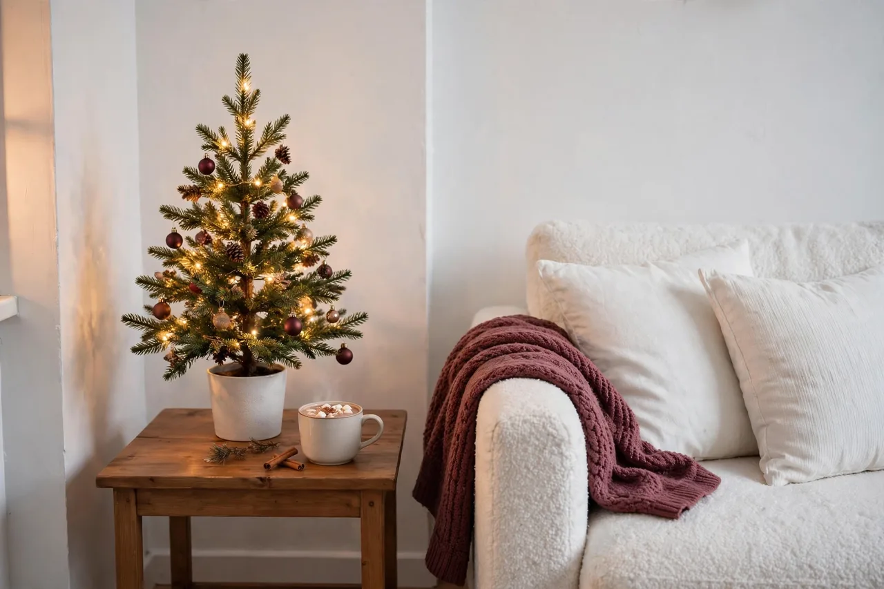 Tabletop Christmas tree with cocoa mug on side table