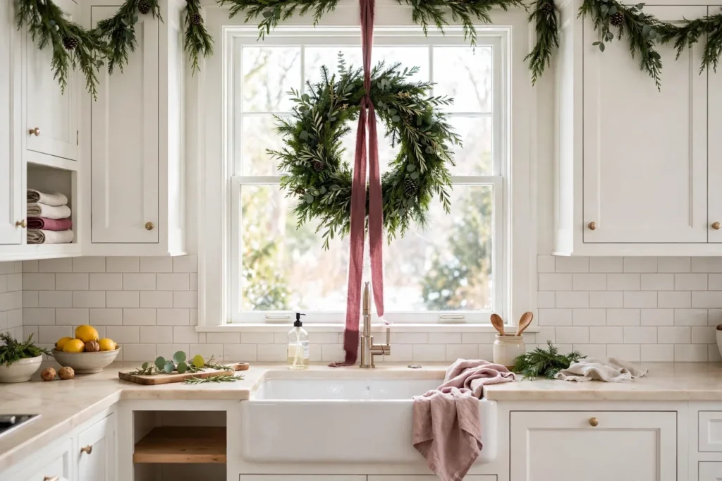 Green wreath hanging at the center of a bright kitchen window