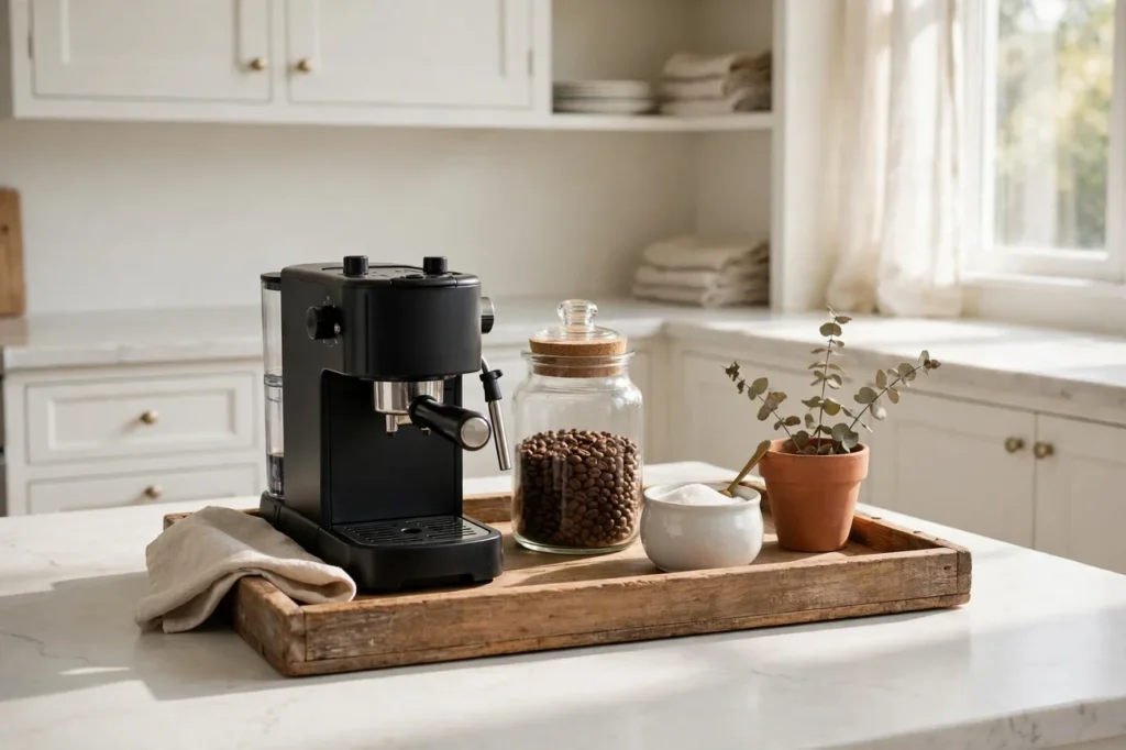 Coffee machine, coffee beans and sugar grouped on a wooden tray