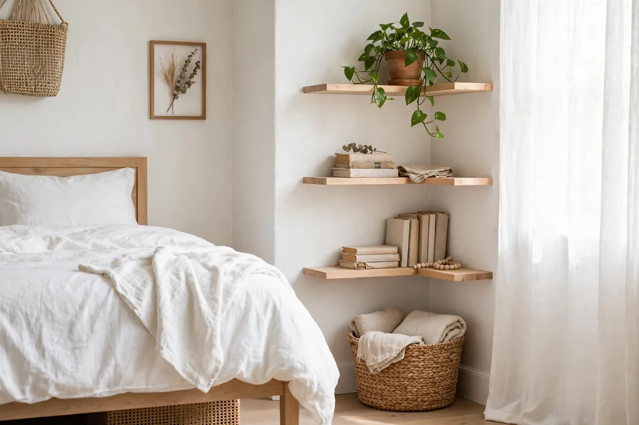 Small corner floating shelves with a plant, books and a basket