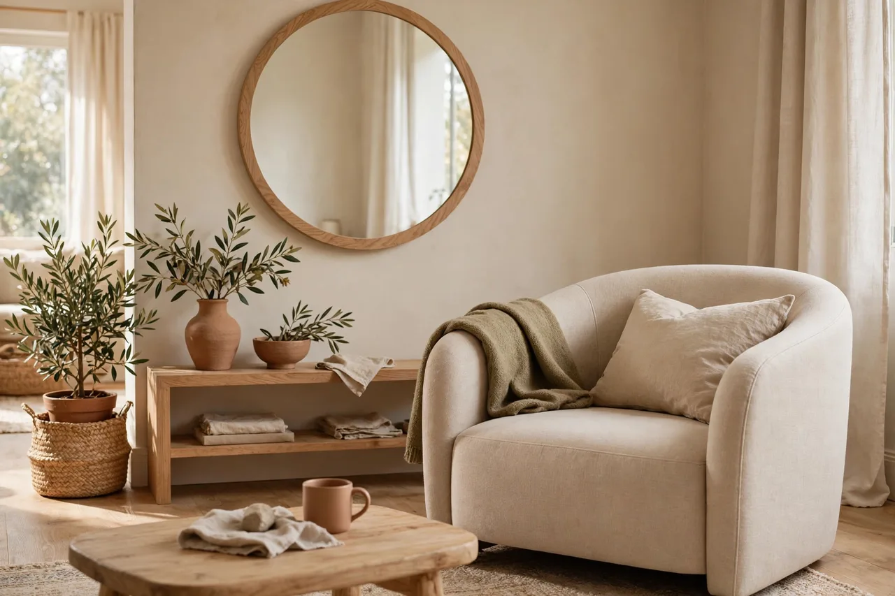Round mirror above a console softening a simple entryway