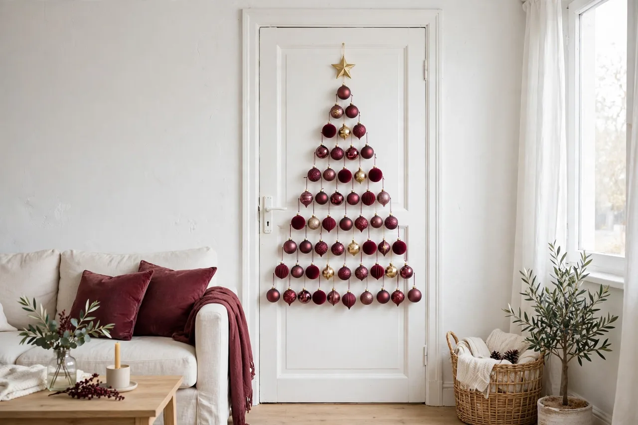 Christmas tree shape made of ornaments on a white door
