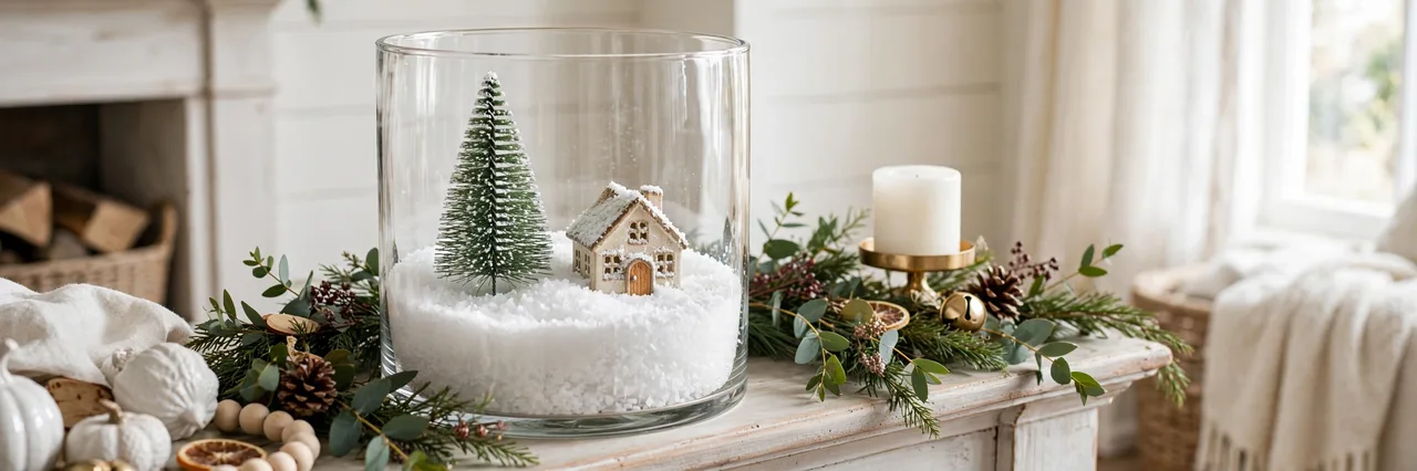 Glass cylinder with Epsom-salt snow, a mini tree and tiny house inside