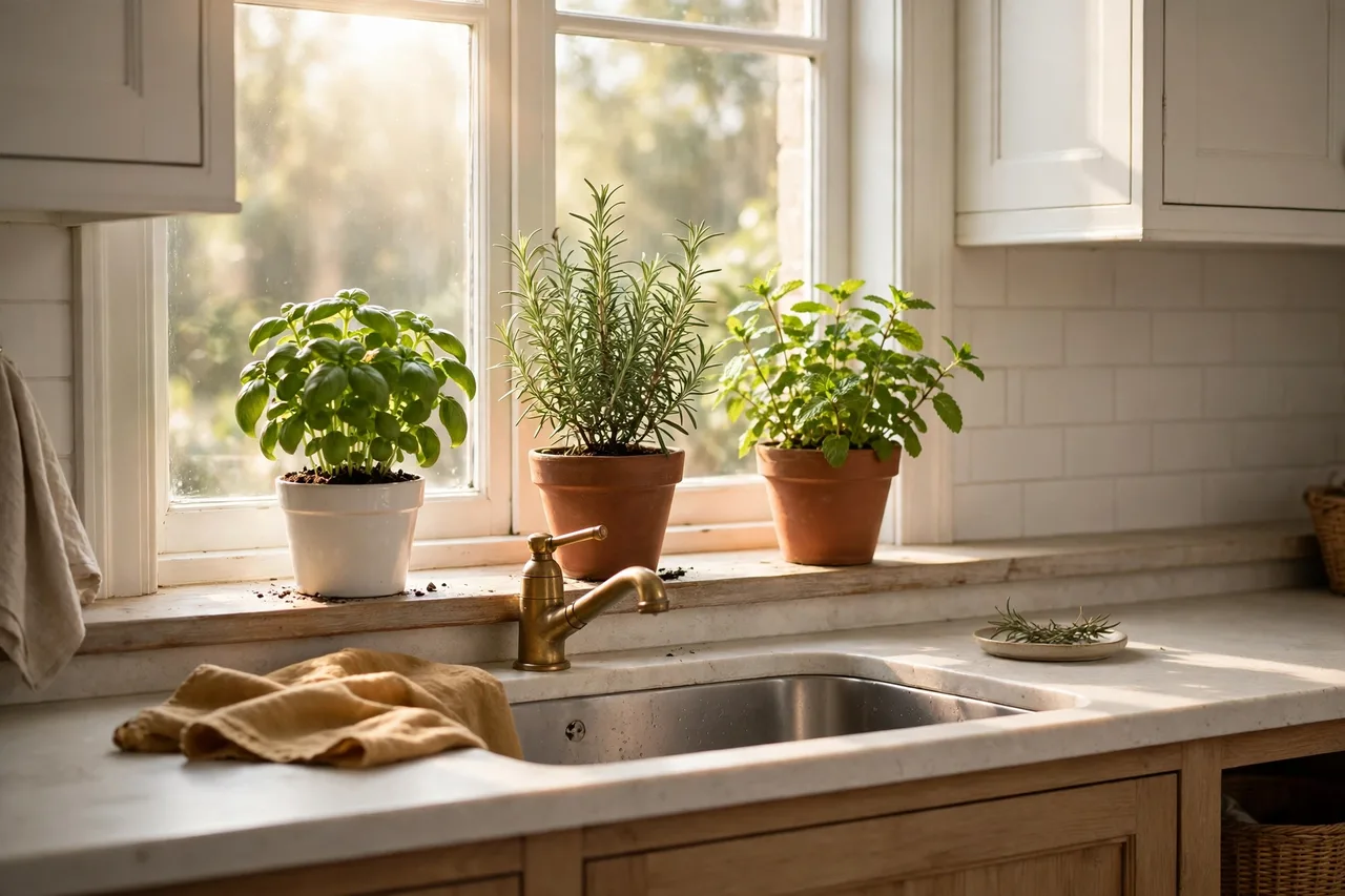 Row of herb pots on the kitchen windowsill above the sink