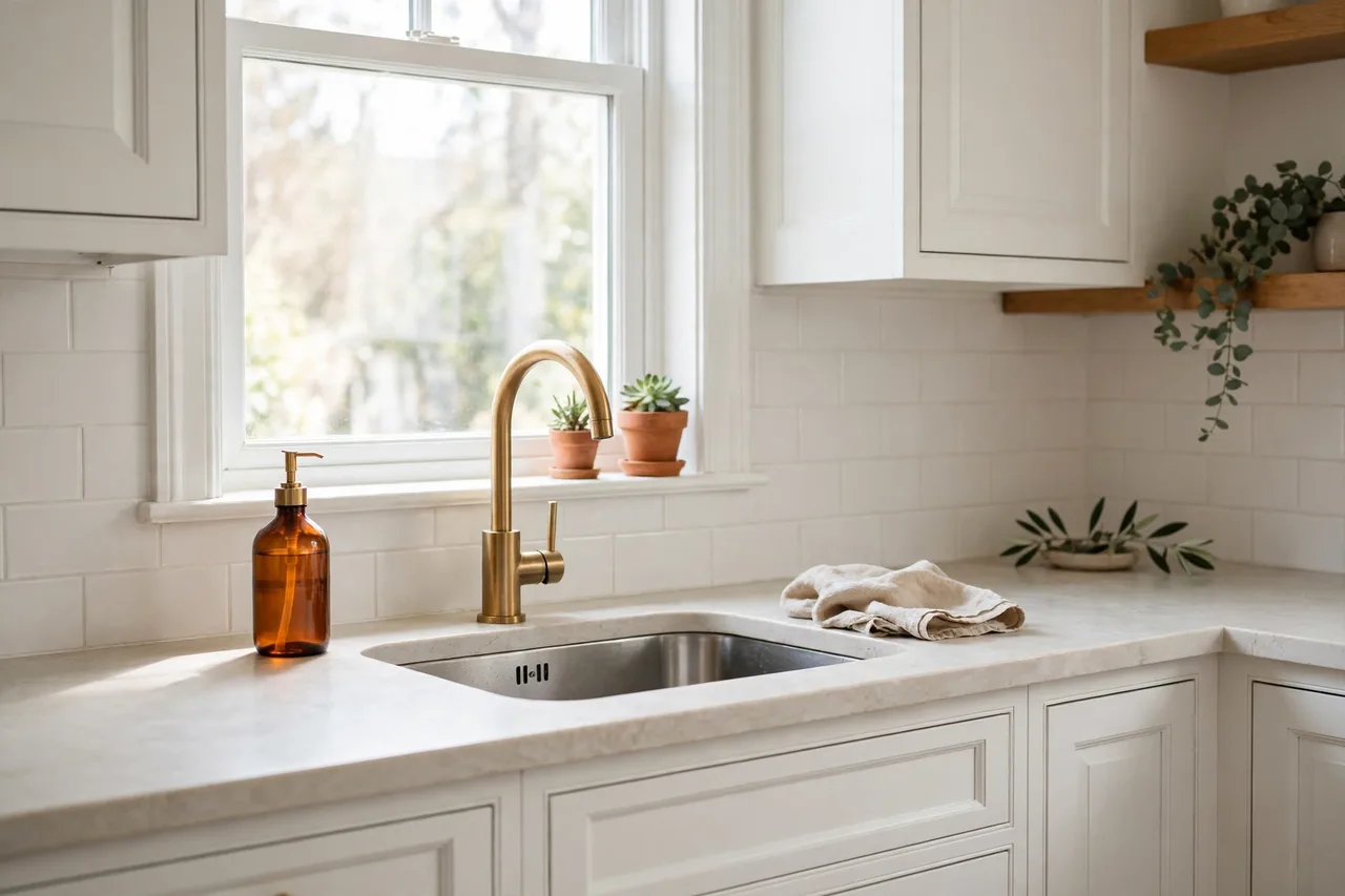 Amber glass soap dispenser and hand towel at a bright kitchen sink