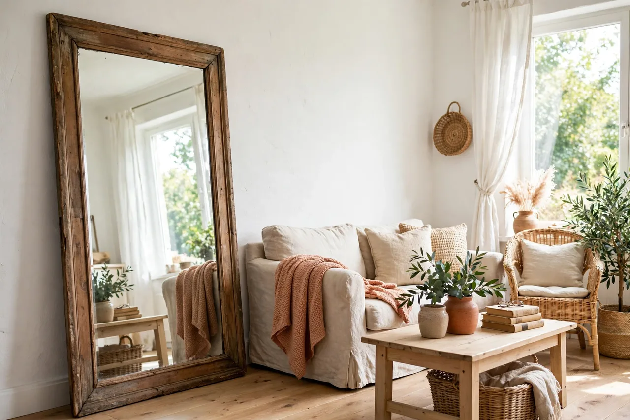 Large thrifted mirror leaning above a console, reflecting light