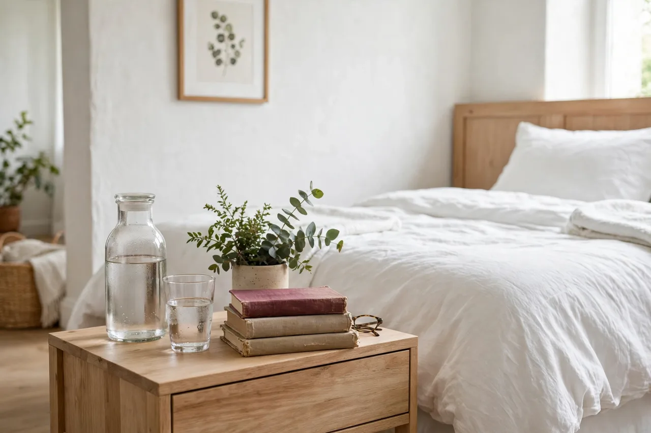 Glass water carafe and glass on a guest room nightstand