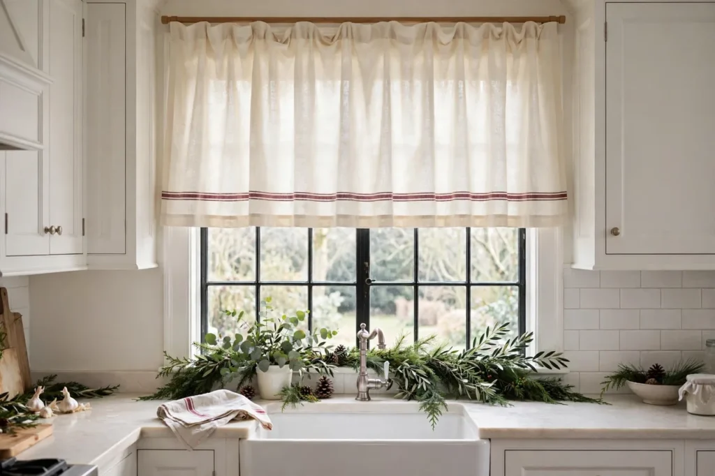 Kitchen window with a festive cream cafe curtain with a burgundy stripe