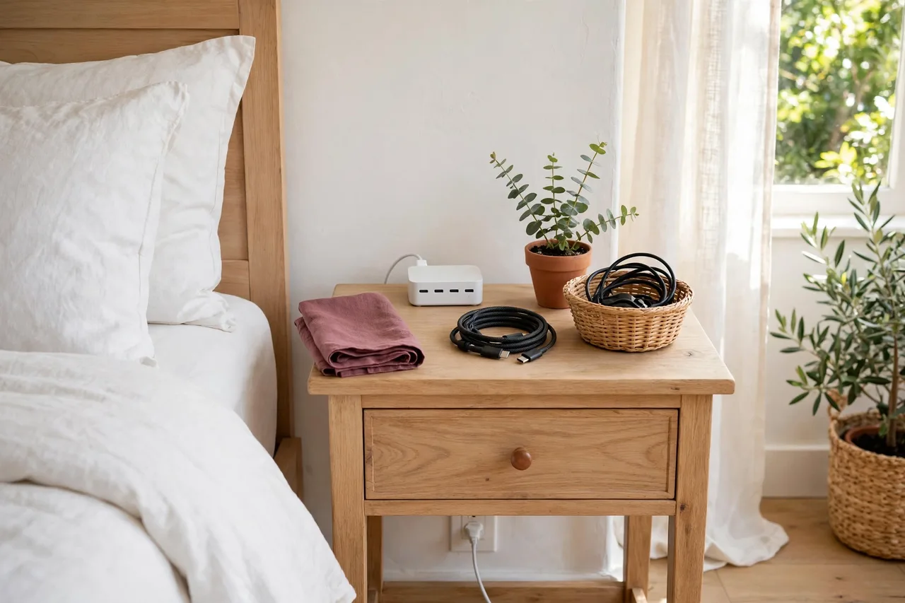 Phone charging on a guest nightstand with a spare cable coiled on a tray