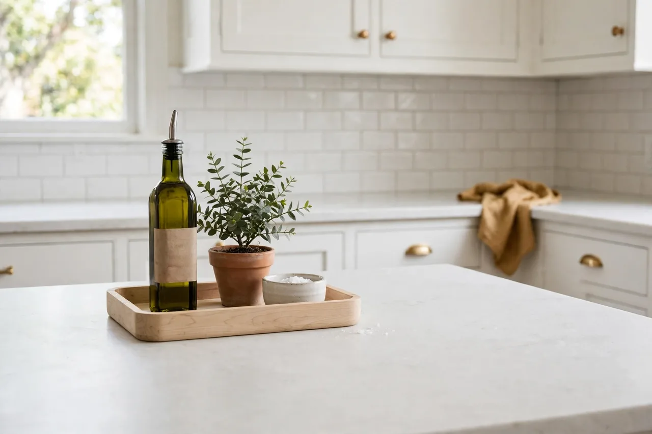 One calm tray vignette on a clear white counter