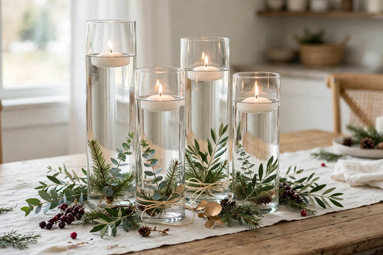 Glass cylinders with floating candles and greenery glowing on a table