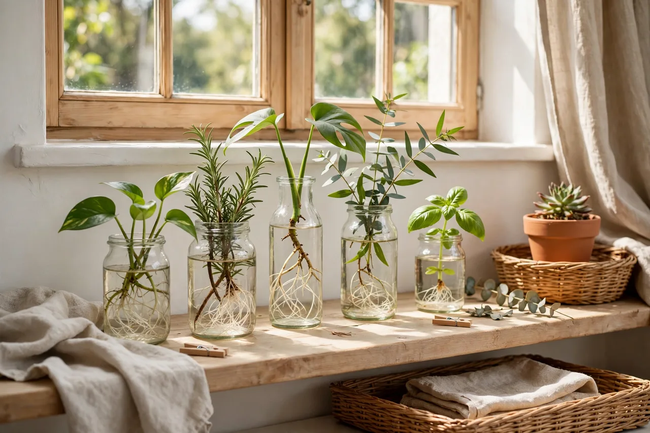 Plant cuttings rooting in glass jars on a windowsill
