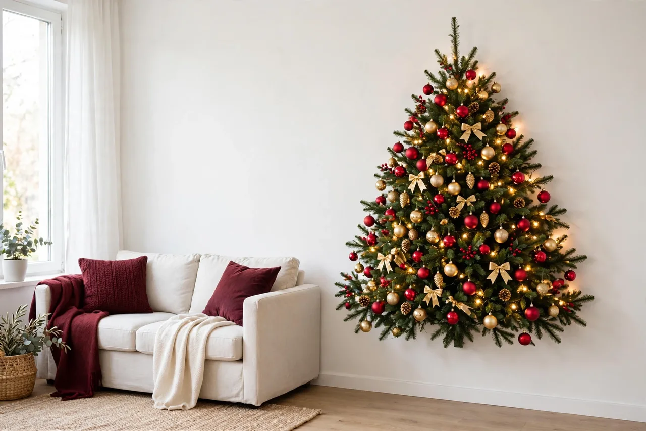 Half Christmas tree flush against a living room wall