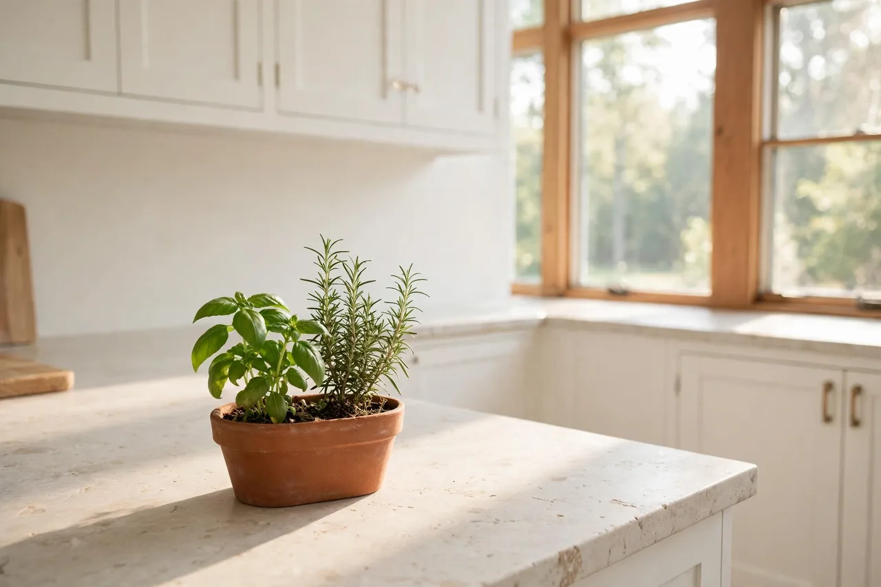 Planter with basil and rosemary on a kitchen counter by the window