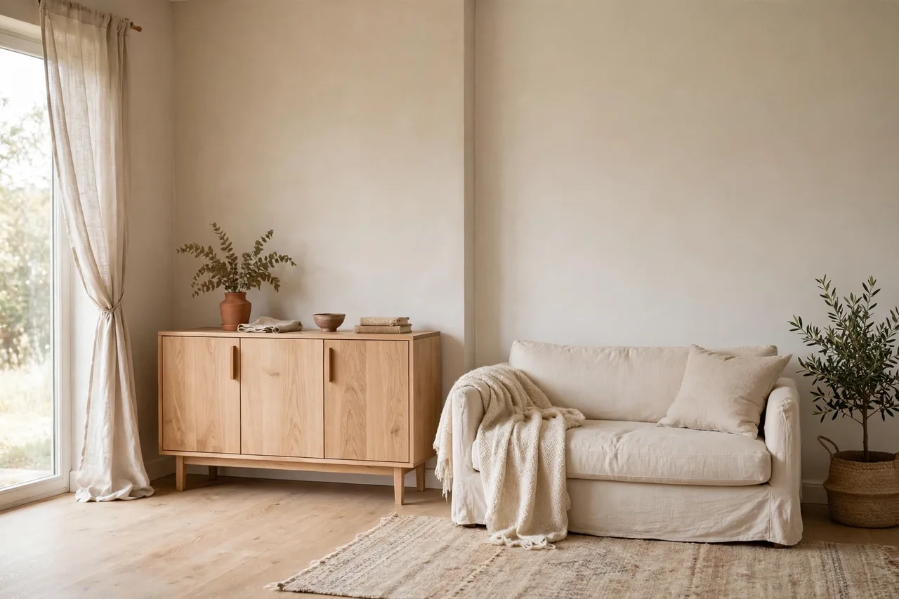 Warm minimalist living room with one anchor piece and air around it