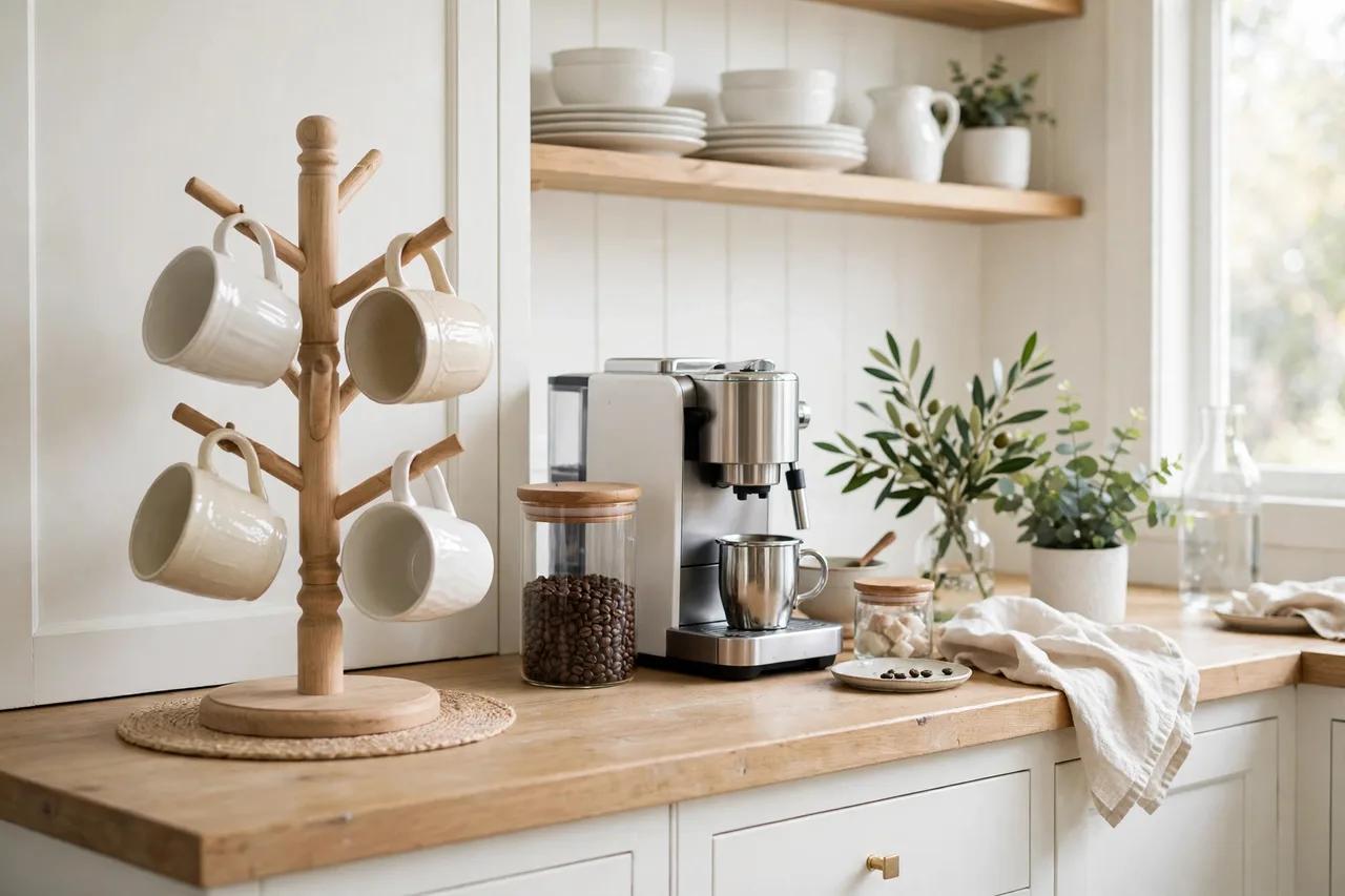 Mug tree with white mugs and one terracotta accent mug