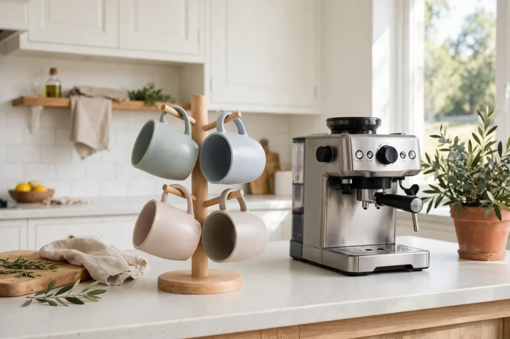 Mug tree holding five mugs on a kitchen counter beside a coffee machine