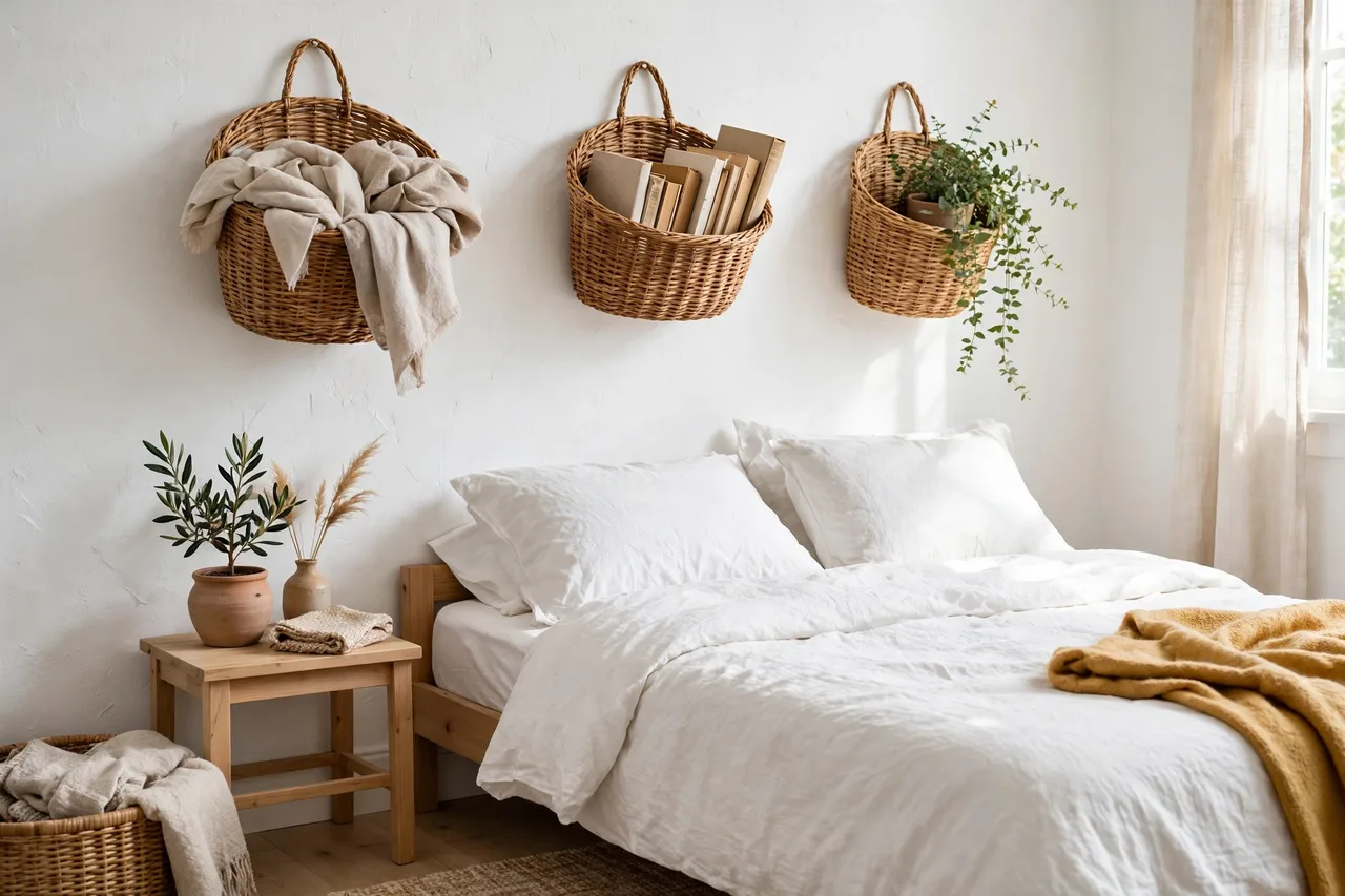Woven wall baskets holding scarves, books and a small plant