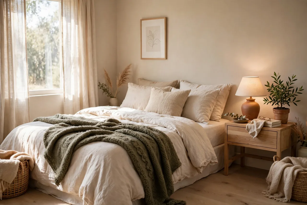 Warm minimalist bedroom with layered cream bedding and a wool throw