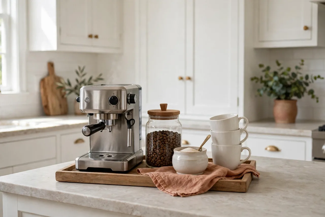 Coffee station on a tray with machine, bean jar and mugs