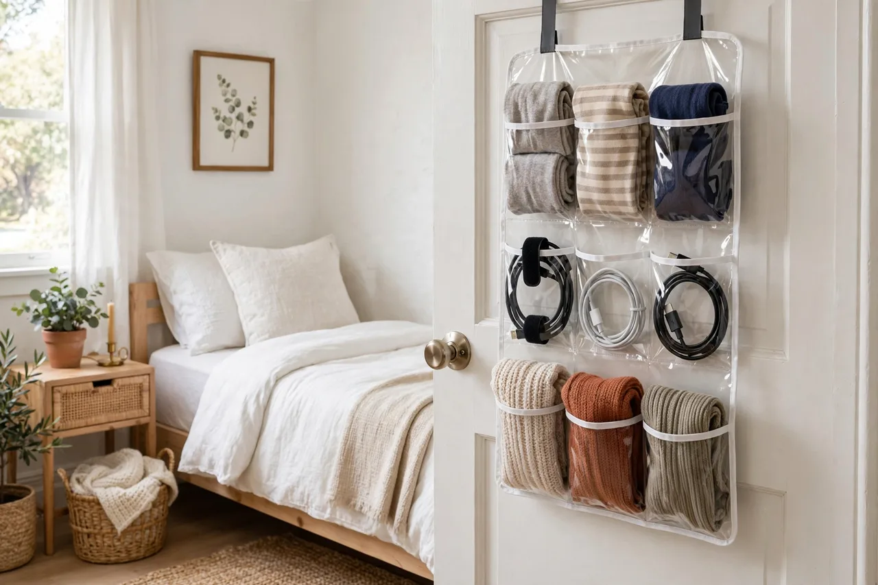 Over-the-door clear pocket organizer holding socks, cables and scarves