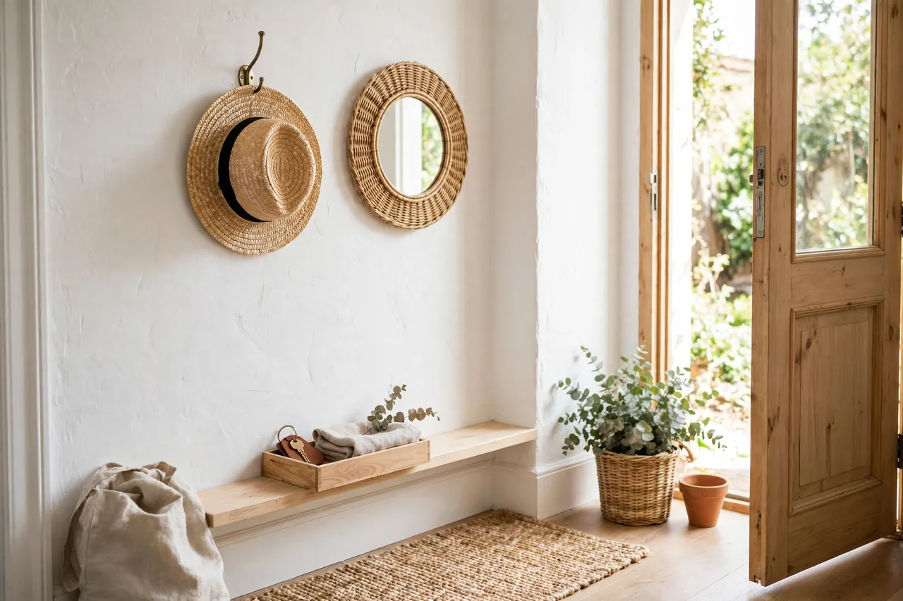 Budget entryway: slim tray, wall hooks and a small mirror