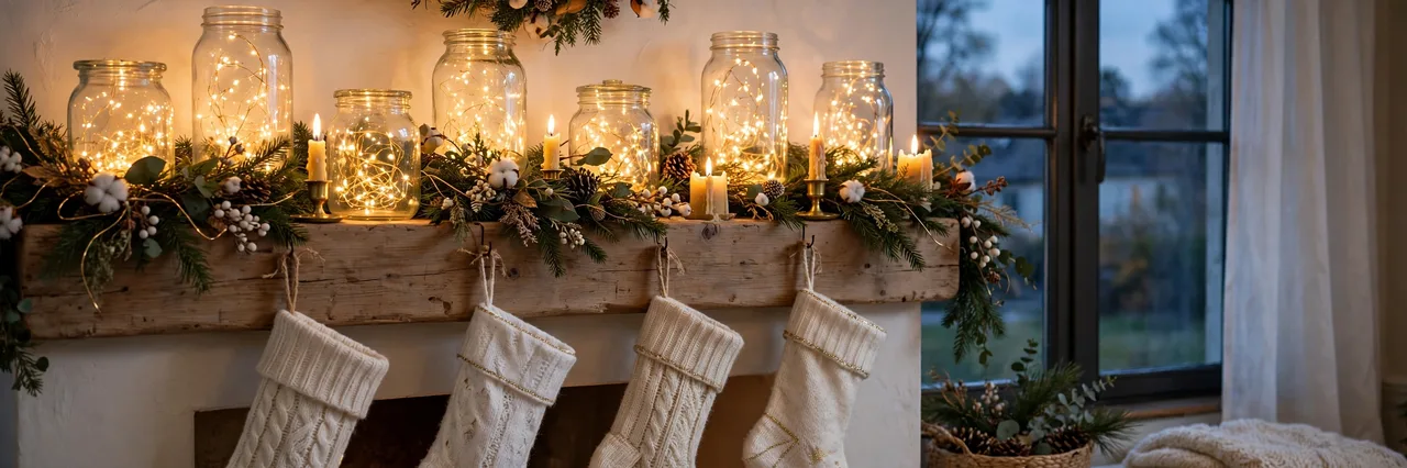 Glass jars with fairy lights glowing along a mantel in the evening