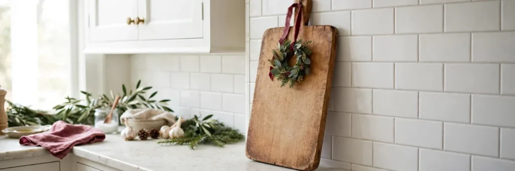 Wooden cutting board leaning on the counter with a tiny wreath on its corner