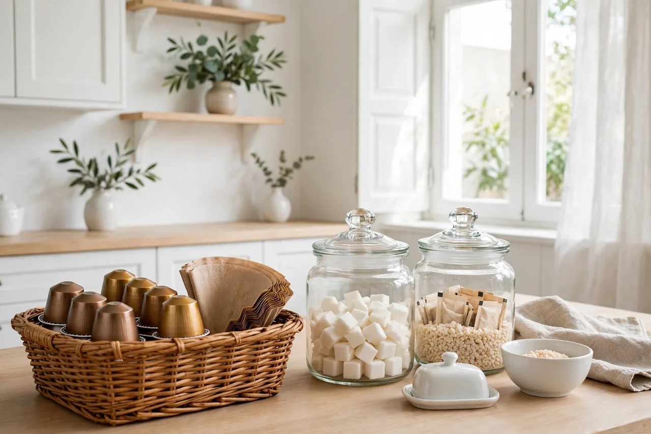 Pods, filters and sweeteners sorted in a jar, box and basket