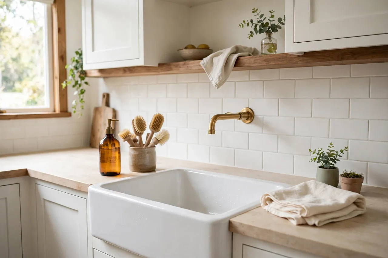 Styled sink zone with glass dispenser, brush pot and folded towel