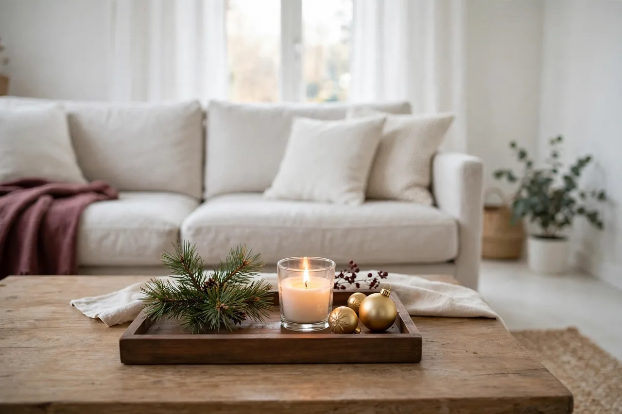 Coffee table tray with pine sprig candle and gold ornament