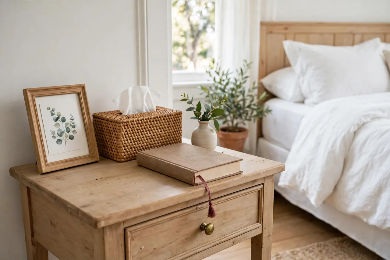 Nightstand with a framed Wi-Fi card, tissues and a novel