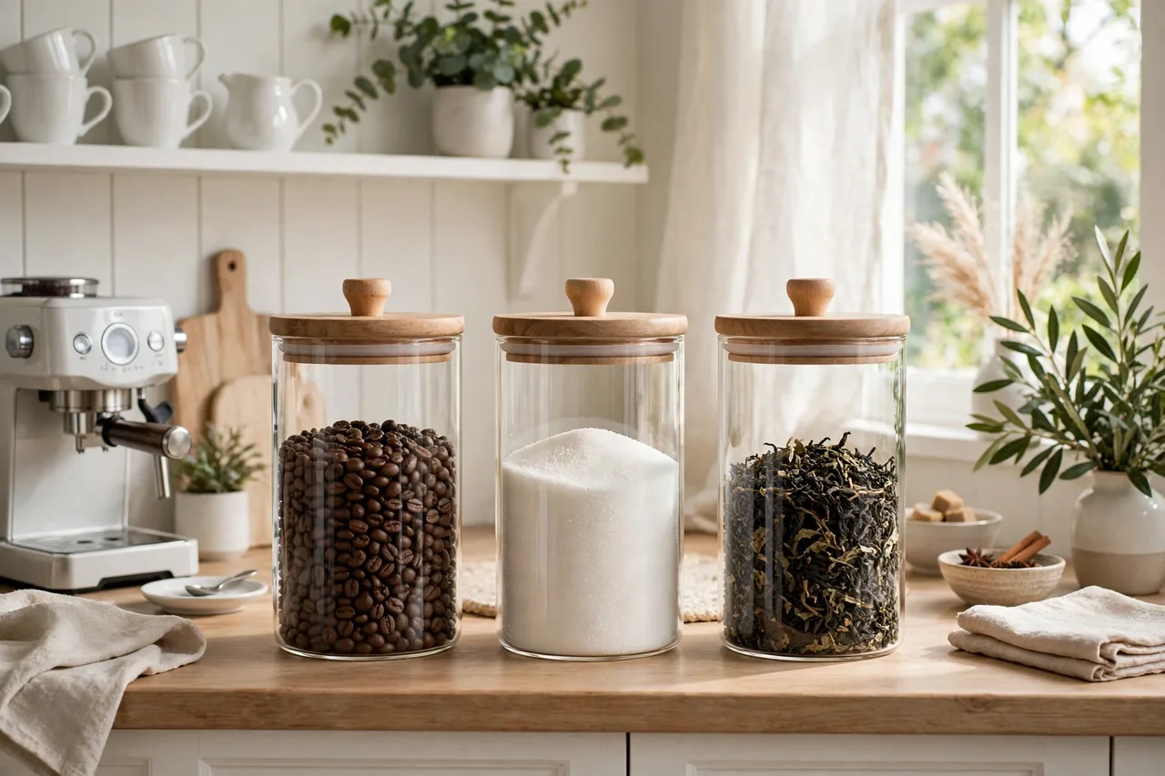 Trio of glass canisters with wood lids for coffee and sugar