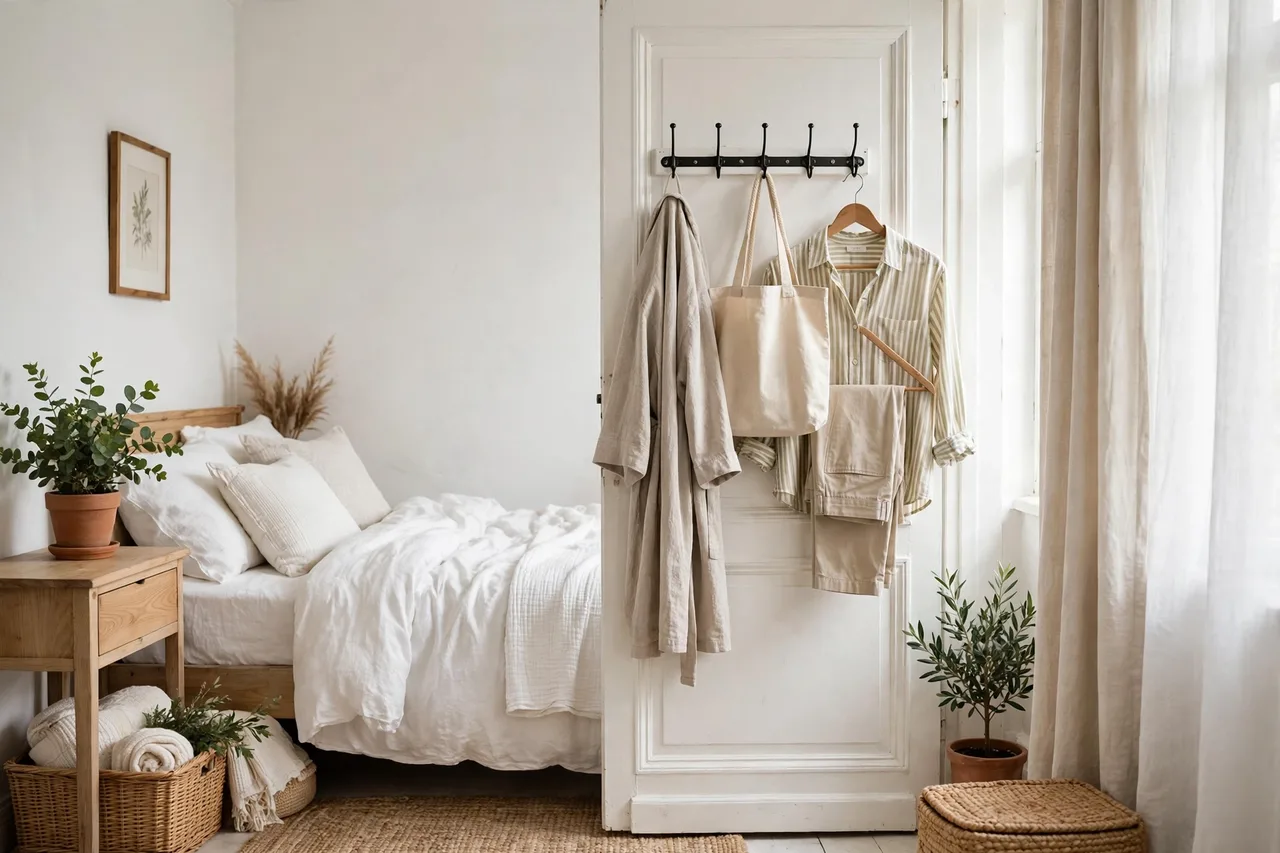 Over-door hook rack with a robe, tote bag and an outfit on a hanger