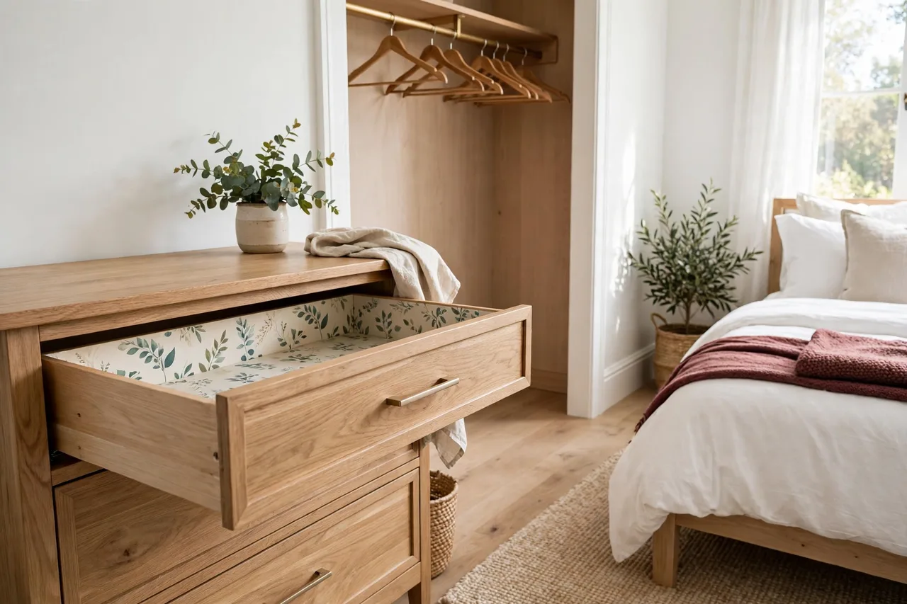 Open empty drawer and spare hangers waiting in a guest room