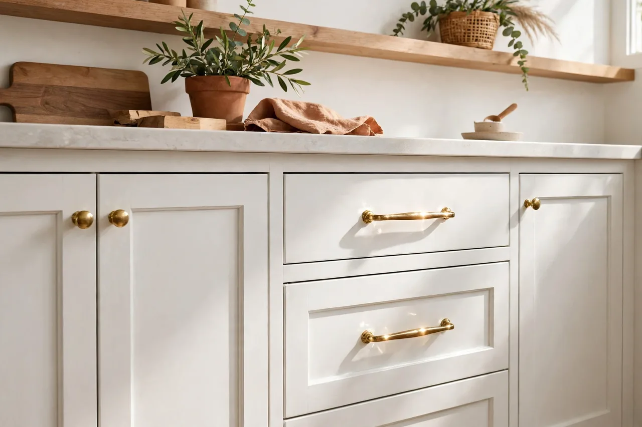 White cabinets with new warm brass knobs and pulls