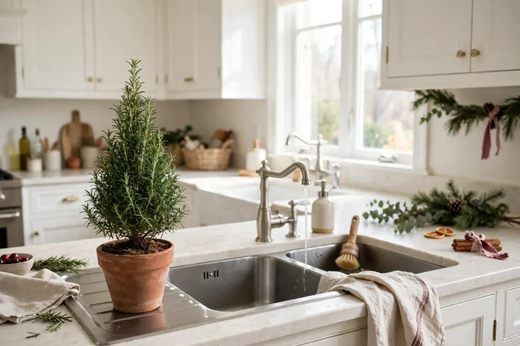 Rosemary plant shaped like a tiny Christmas tree in a terracotta pot by the sink