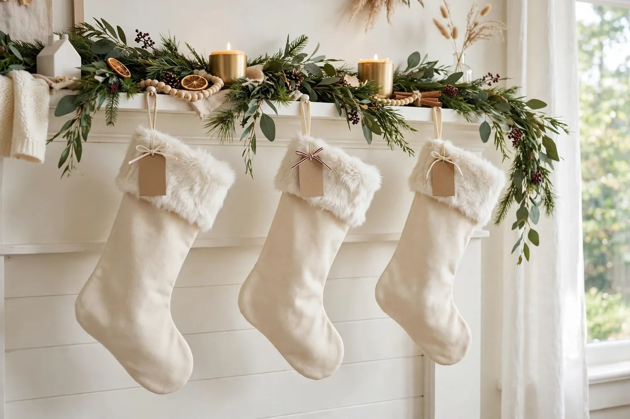 Cream stockings with faux-fur cuffs and ribbon name tags on a mantel