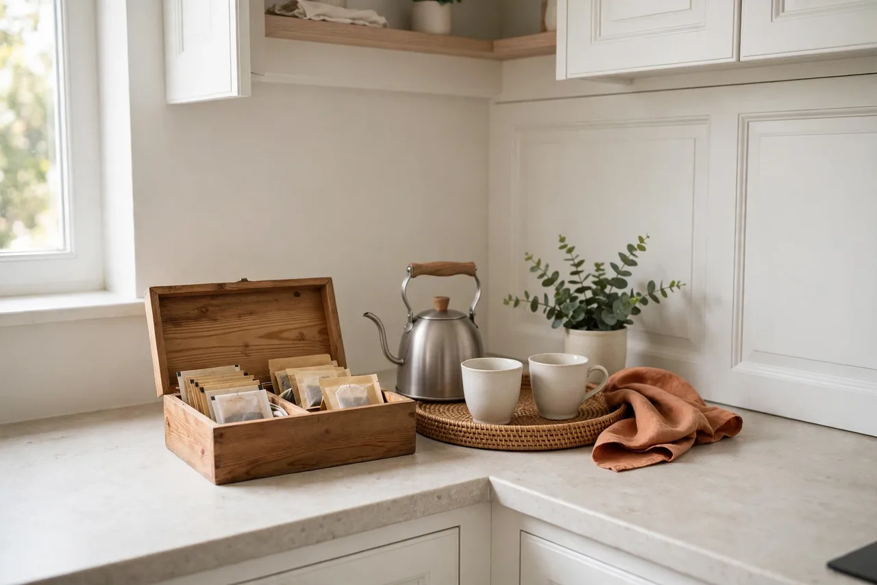 Tea station with kettle, tea box and cups on a tray