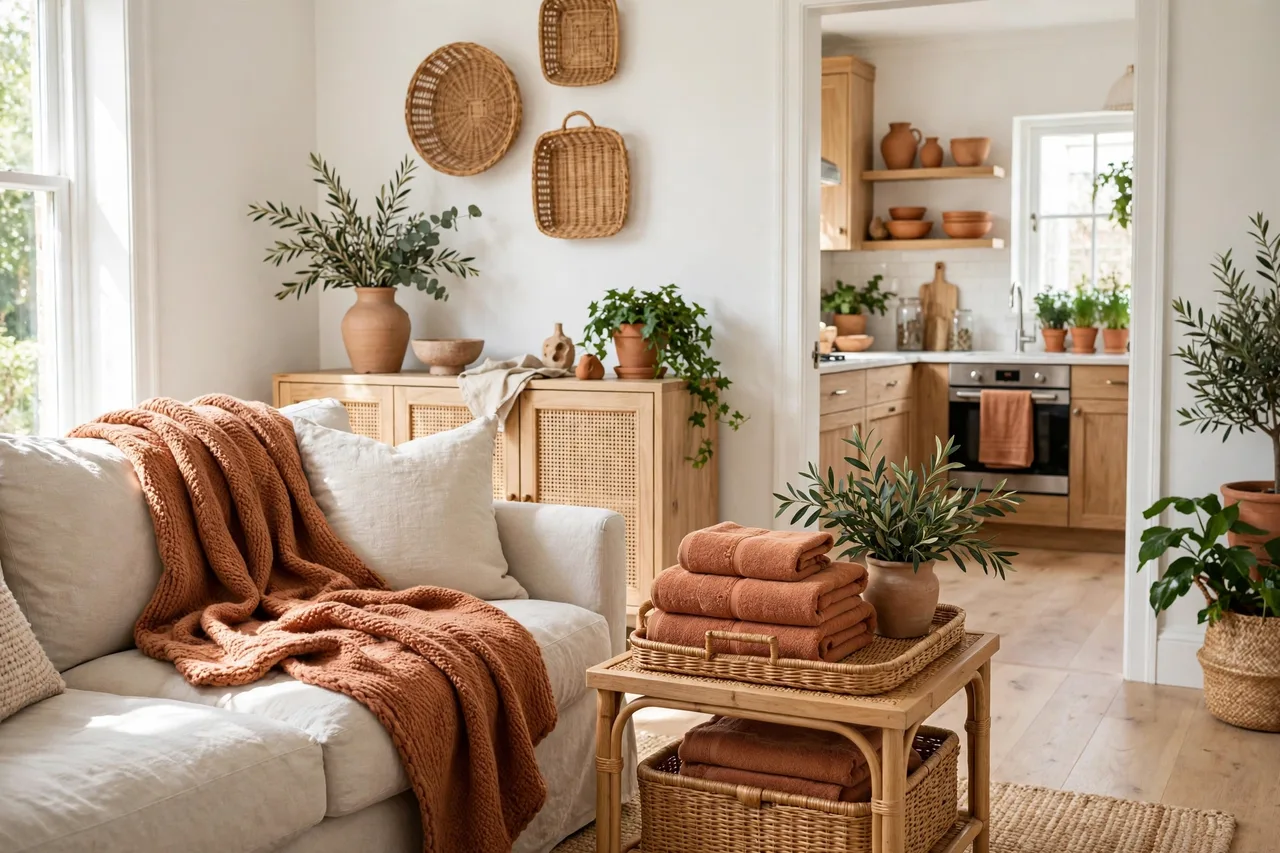 One terracotta throw working across sofa and bathroom palette