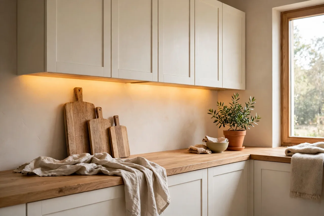 Minimalist kitchen warmed with wood boards, ceramics and warm light