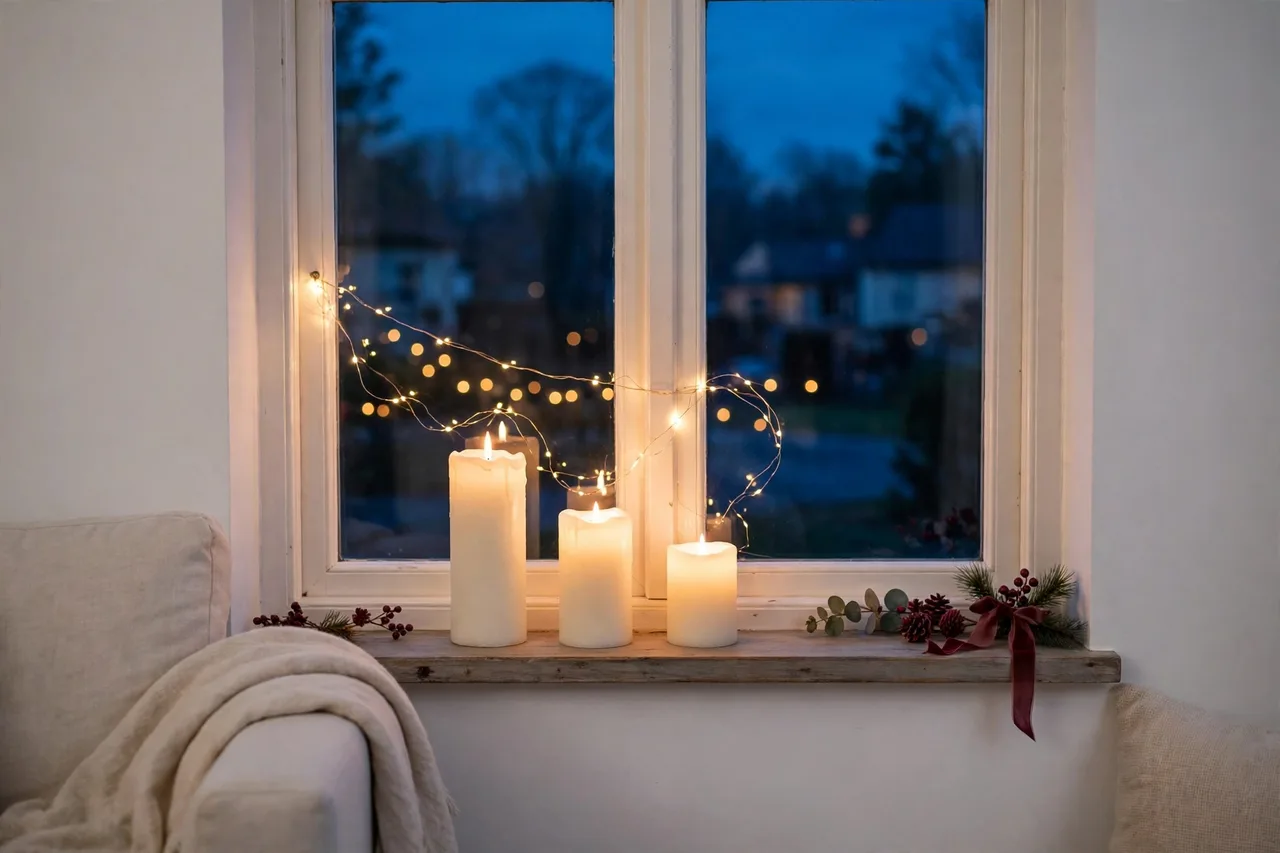 Windowsill with LED pillar candles and fairy lights in evening