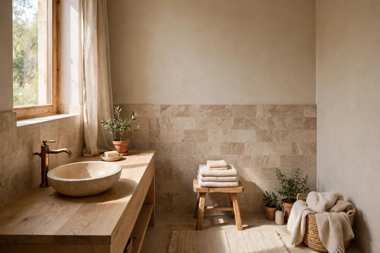 Spa-calm bathroom in warm neutrals with cream towels and eucalyptus