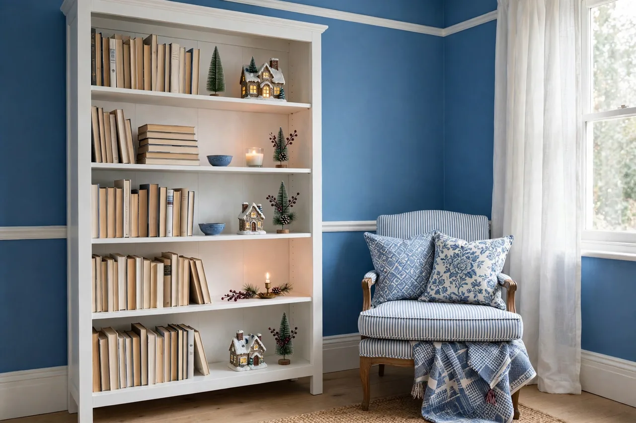Bookshelf shelves dressed with bottle brush tree and village house