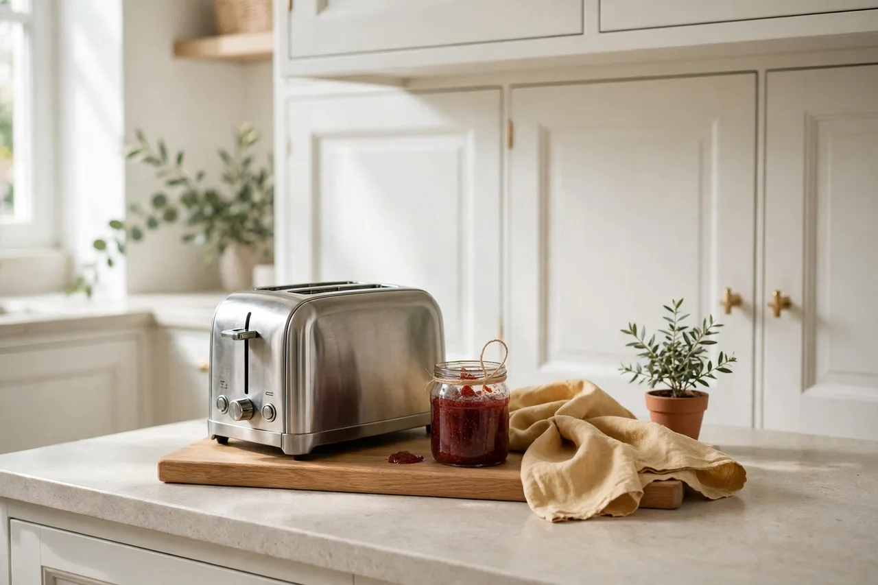 Breakfast zone with toaster on a wooden board, jam jar and linen