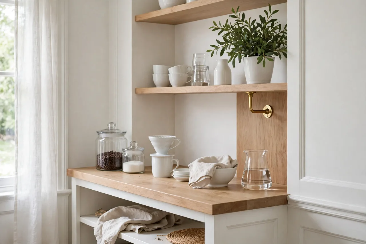White-classic coffee station: white ceramic, glass, light wood, brass accent