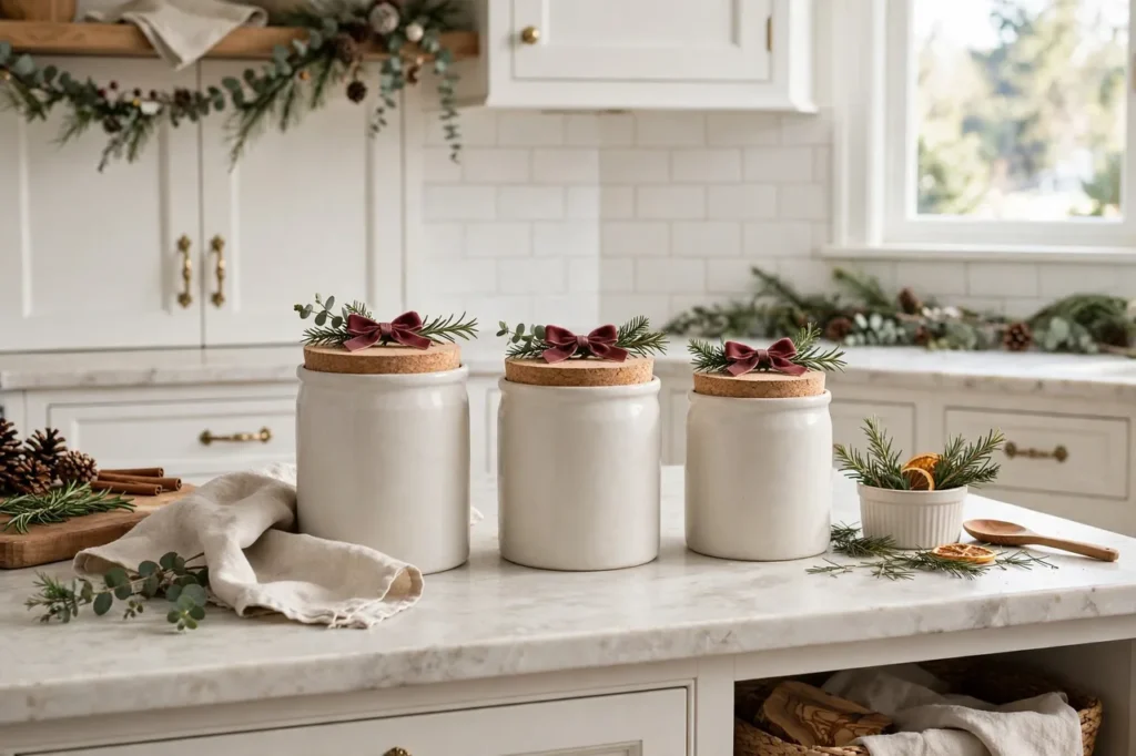 Kitchen canisters with small burgundy bows and greenery on their lids