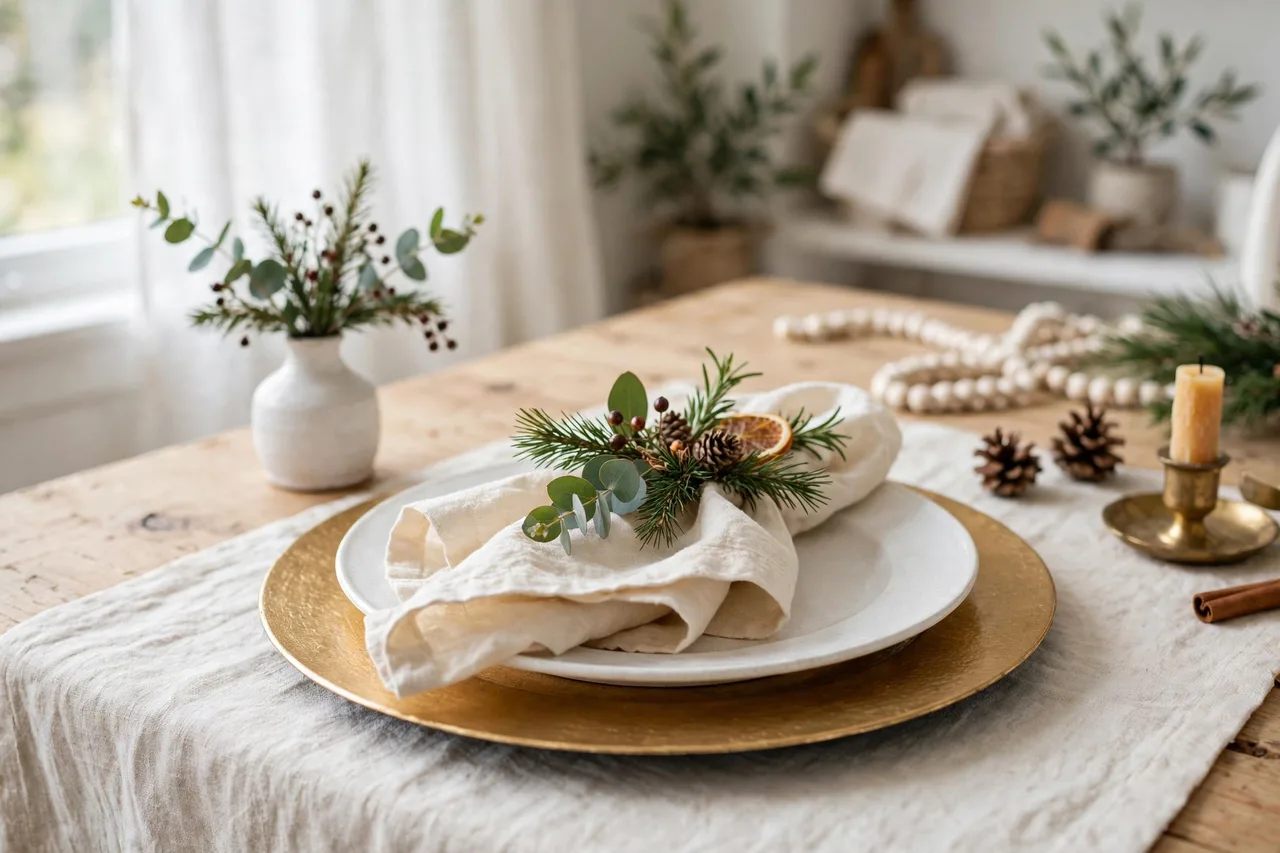 Christmas place setting with a gold charger under a white plate