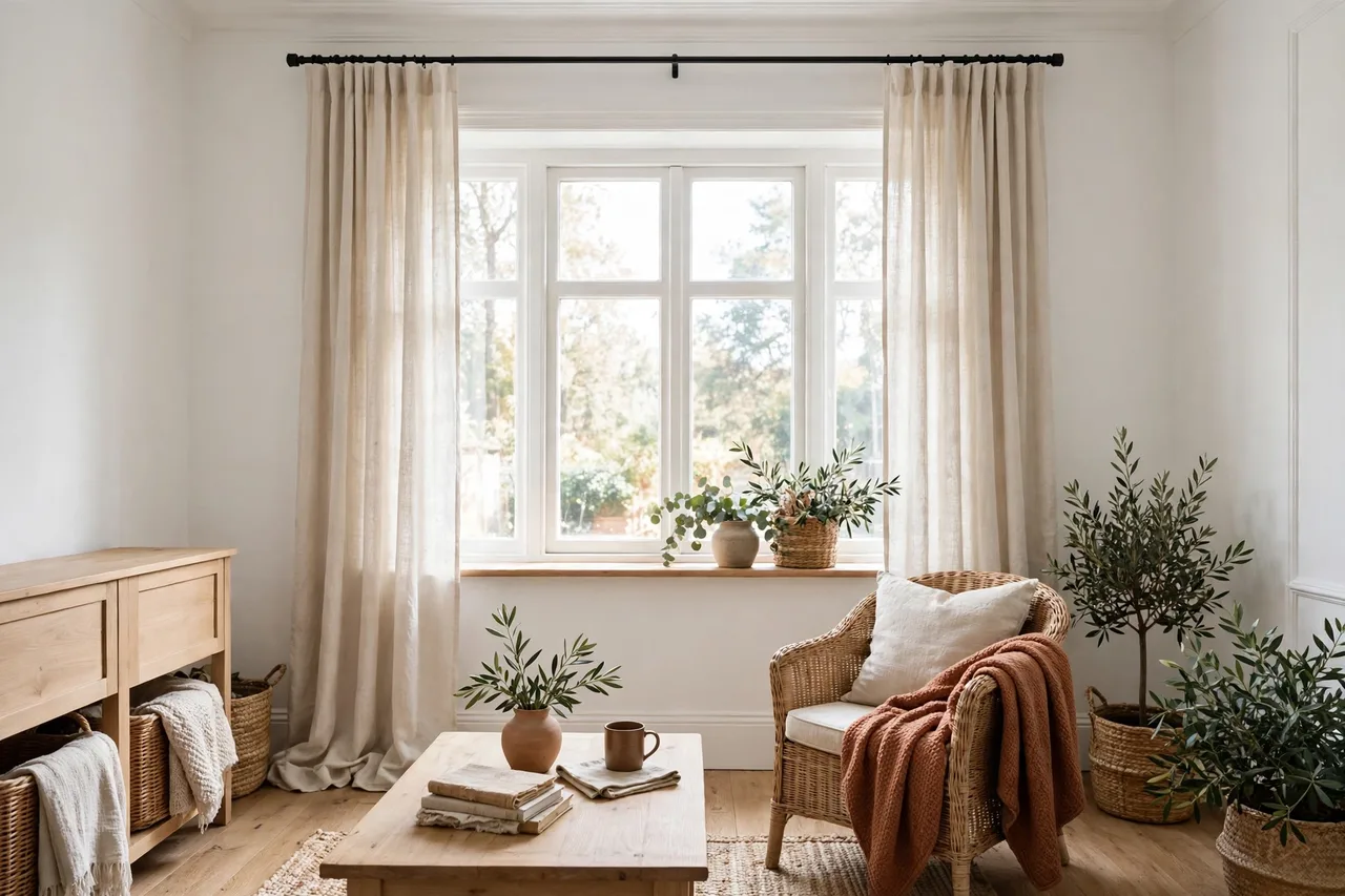 Curtains hung high and wide above a bright window