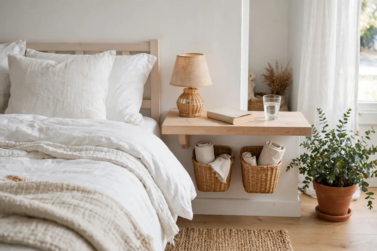 Floating wooden ledge beside a bed with a lamp, book and water glass